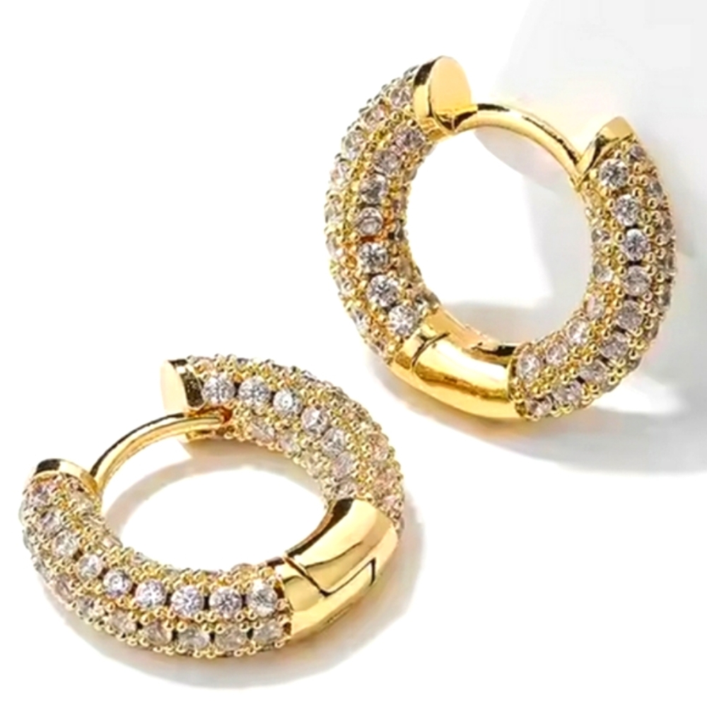 Gold Plated Copper Pave CZ Triple Row Huggie Hoop Earrings Chunky; NWOT